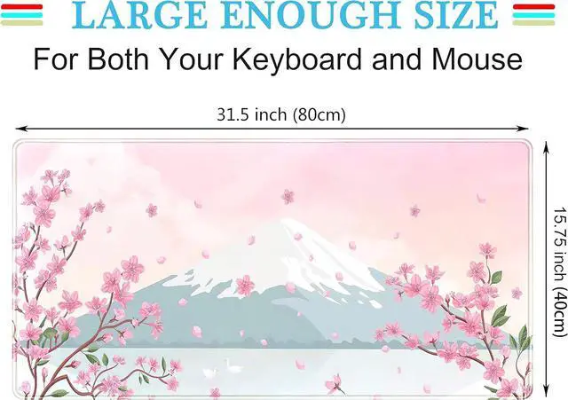 Alt view image 3 of 6 - Japanese Desk Mat Pastel Pink Cherry Blossom Mouse Pad Mt Fuji Japan Large Gaming Anime Mousepad XXL 31.5x15.75 in, Kawaii Aesthetic Flower Cute Women Office Decor Computer Laptop Keyboard Mat