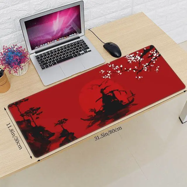 Alt view image 3 of 7 - Japanese Cherry Blossom Samurai Black Red XXL XL Large Gaming Mouse Pad for Desk, Non-Slip Long Extended Keyboard Pads Mousepad Rubber Table Mat 31.5 X 11.8 Inch