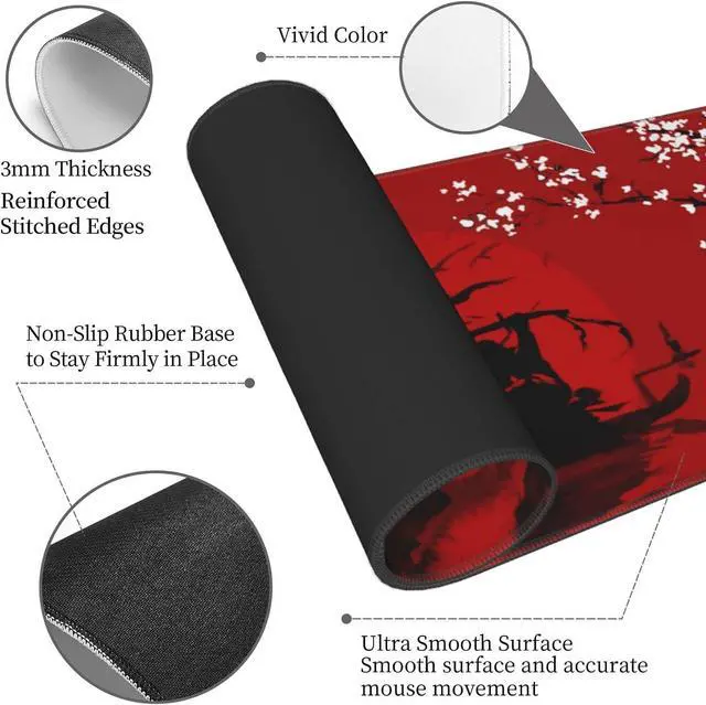 Alt view image 4 of 7 - Japanese Cherry Blossom Samurai Black Red XXL XL Large Gaming Mouse Pad for Desk, Non-Slip Long Extended Keyboard Pads Mousepad Rubber Table Mat 31.5 X 11.8 Inch
