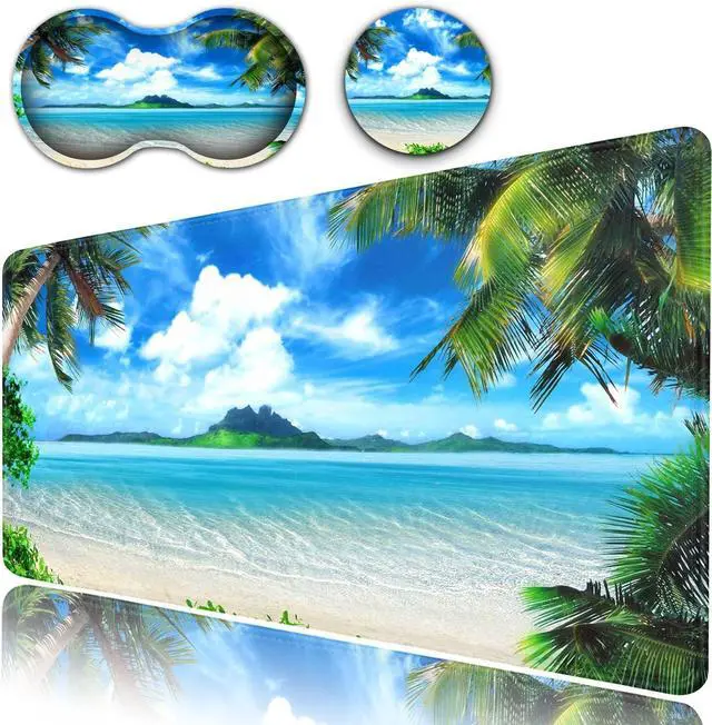 Main image of Desk Pad, Extended Large Mouse Pad with Stitched Edges (31.5X11.8In), Ergonomic Mouse Wrist Rest, Waterproof Computer Keyboard Mouse Mat, Coconut Trees on Sands Beach Seascape XXL Gaming Mouse Pad