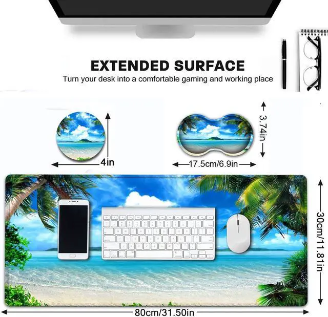 Alt view image 6 of 7 - Desk Pad, Extended Large Mouse Pad with Stitched Edges (31.5X11.8In), Ergonomic Mouse Wrist Rest, Waterproof Computer Keyboard Mouse Mat, Coconut Trees on Sands Beach Seascape XXL Gaming Mouse Pad
