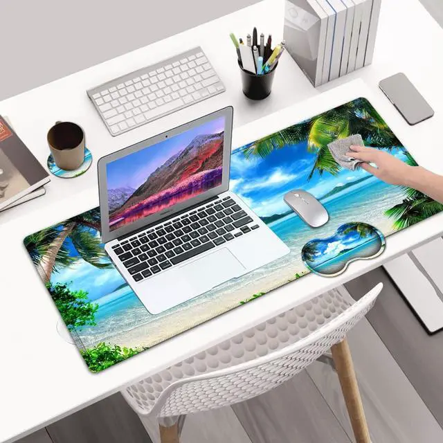 Alt view image 7 of 7 - Desk Pad, Extended Large Mouse Pad with Stitched Edges (31.5X11.8In), Ergonomic Mouse Wrist Rest, Waterproof Computer Keyboard Mouse Mat, Coconut Trees on Sands Beach Seascape XXL Gaming Mouse Pad