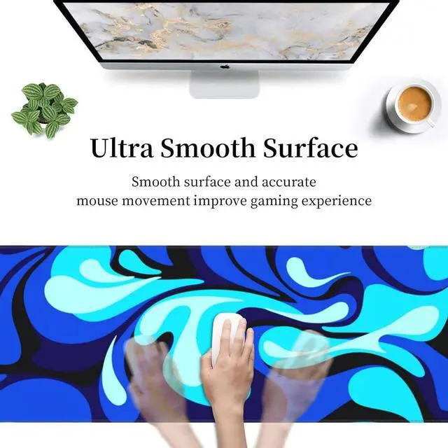 Alt view image 4 of 7 - Camo Cool Liquid Large Gaming Mouse Pad, Abstract Fluid Extended Keyboard Mouse Mat, Long Blue and White Computer Gaming Mousepad for Home Office Work Desk Stitched Eges Non-Slip Base Mouse Pads