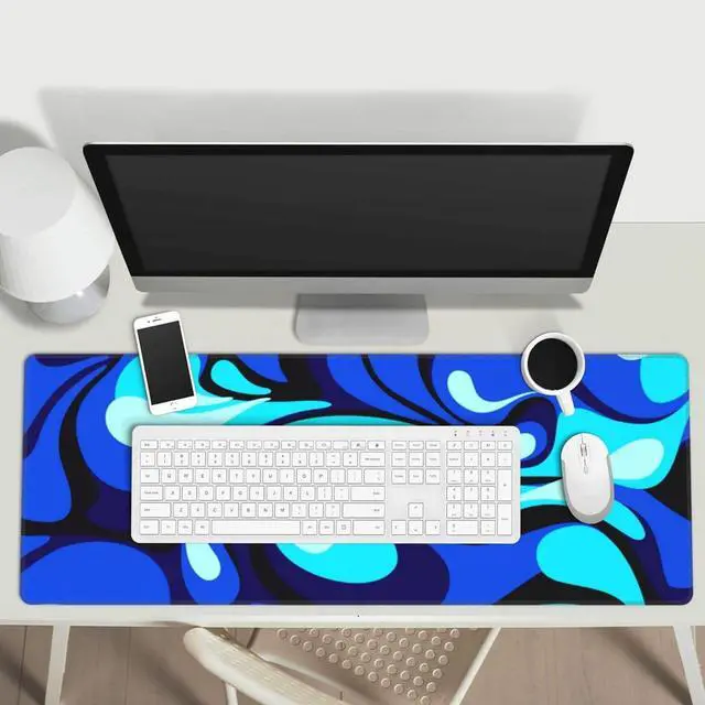 Alt view image 5 of 7 - Camo Cool Liquid Large Gaming Mouse Pad, Abstract Fluid Extended Keyboard Mouse Mat, Long Blue and White Computer Gaming Mousepad for Home Office Work Desk Stitched Eges Non-Slip Base Mouse Pads
