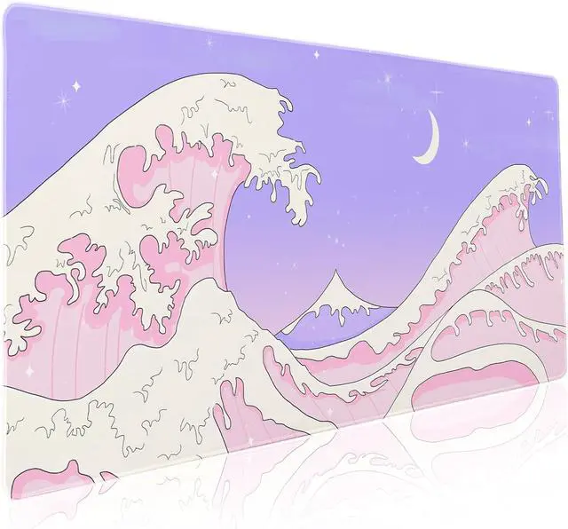 Main image of Pink Purple Japanese Anime Gaming Mouse Pad XXL Cute Kawaii Aesthetic Sea Wave Extended Large Desk Mat Non-Slip Rubber Base Stitched Edge Long Keyboard Mousepad for PC Computer Laptop,35.4×15.7 in