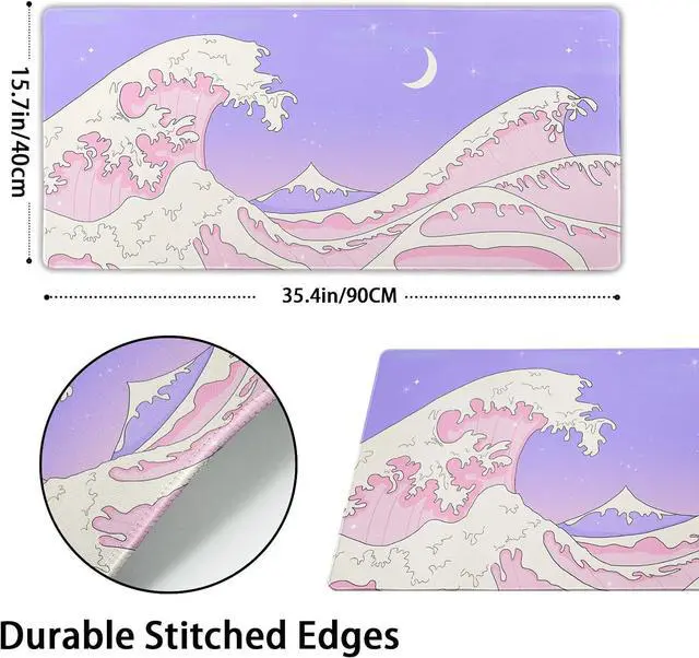 Alt view image 2 of 7 - Pink Purple Japanese Anime Gaming Mouse Pad XXL Cute Kawaii Aesthetic Sea Wave Extended Large Desk Mat Non-Slip Rubber Base Stitched Edge Long Keyboard Mousepad for PC Computer Laptop,35.4×15.7 in