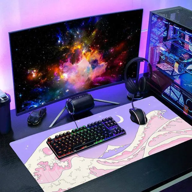 Alt view image 7 of 7 - Pink Purple Japanese Anime Gaming Mouse Pad XXL Cute Kawaii Aesthetic Sea Wave Extended Large Desk Mat Non-Slip Rubber Base Stitched Edge Long Keyboard Mousepad for PC Computer Laptop,35.4×15.7 in
