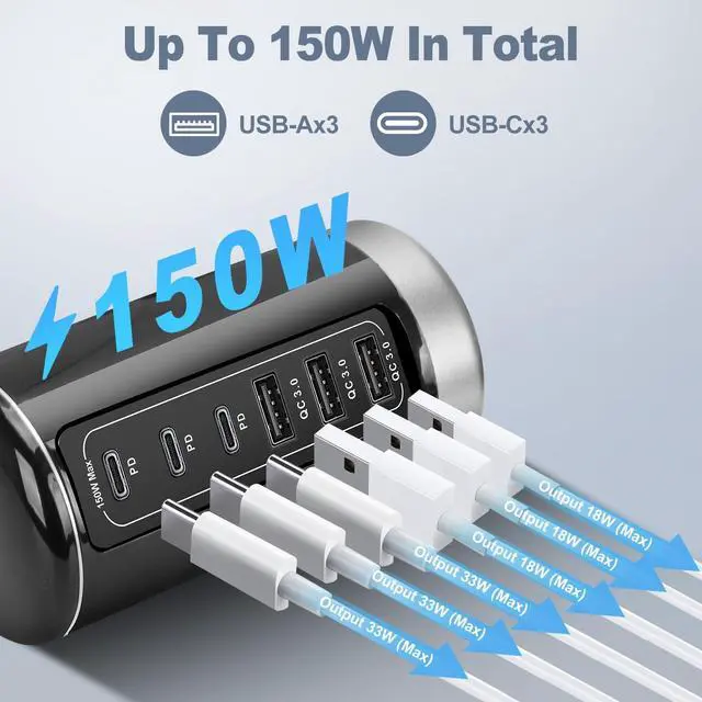 Alt view image 2 of 7 - Getop 150W Tower Fast Charger & Charging Station for Multiple Devices, Desktop and Bedside Universal USB C & A 6-Port Hub for iPhone, iPad, Samsung Galaxy, Pixel, Earphones, Smart Watch and More