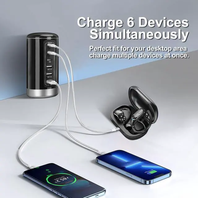 Alt view image 5 of 7 - Getop 150W Tower Fast Charger & Charging Station for Multiple Devices, Desktop and Bedside Universal USB C & A 6-Port Hub for iPhone, iPad, Samsung Galaxy, Pixel, Earphones, Smart Watch and More