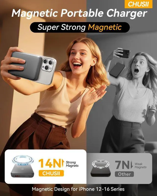 Alt view image 2 of 6 - for Magsafe Battery Pack, 12000mAh Wireless Magnetic Portable Charger Power Bank with Stand and USB C in/Out Fast Charging, Travel Essential Powerbank Compatible with iPhone 17/16/15/14/12 Series