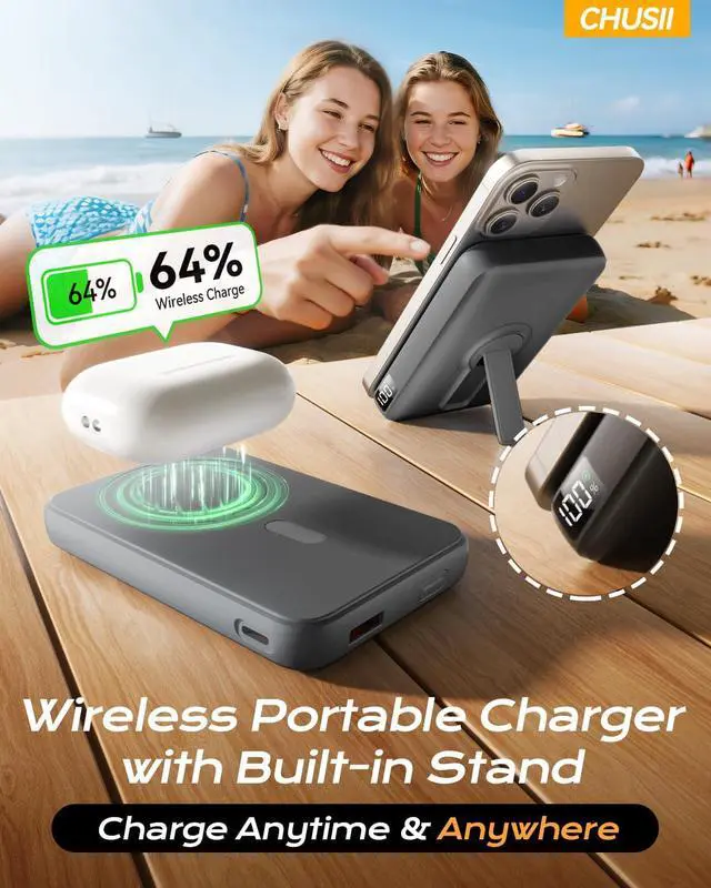 Alt view image 6 of 6 - for Magsafe Battery Pack, 12000mAh Wireless Magnetic Portable Charger Power Bank with Stand and USB C in/Out Fast Charging, Travel Essential Powerbank Compatible with iPhone 17/16/15/14/12 Series