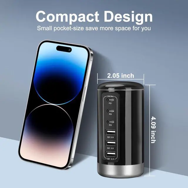 Alt view image 3 of 7 - Getop 150W Tower Fast Charger & Charging Station for Multiple Devices, Desktop and Bedside Universal USB C & A 6-Port Hub for iPhone, iPad, Samsung Galaxy, Pixel, Earphones, Smart Watch and More