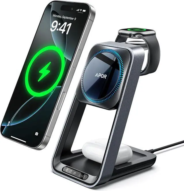 Main image of 3 in 1 Charging Station for iPhone, Magsafe Wireless Charger with Cooling Fan for iPhone 16 15 14 13 12 Series & Apple Watch Charger 10/Ultra 2, Wireless Charging Station for AirPods 4/3/Pro/Pro 2