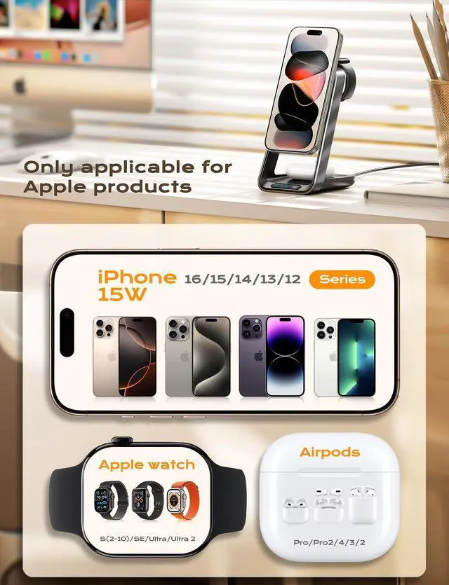 Alt view image 5 of 7 - 3 in 1 Charging Station for iPhone, Magsafe Wireless Charger with Cooling Fan for iPhone 16 15 14 13 12 Series & Apple Watch Charger 10/Ultra 2, Wireless Charging Station for AirPods 4/3/Pro/Pro 2