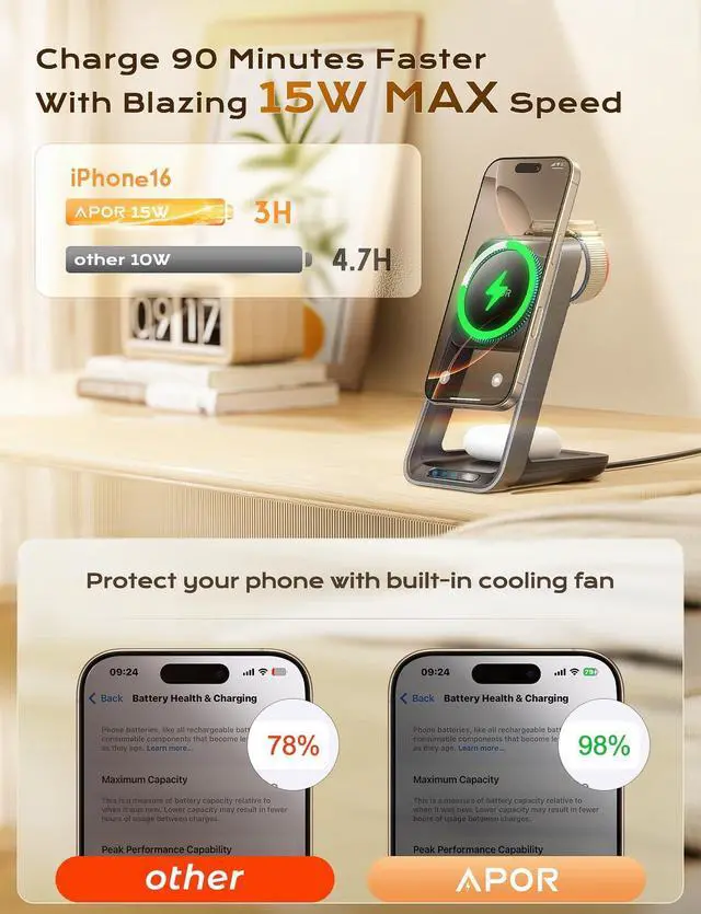 Alt view image 6 of 7 - 3 in 1 Charging Station for iPhone, Magsafe Wireless Charger with Cooling Fan for iPhone 16 15 14 13 12 Series & Apple Watch Charger 10/Ultra 2, Wireless Charging Station for AirPods 4/3/Pro/Pro 2