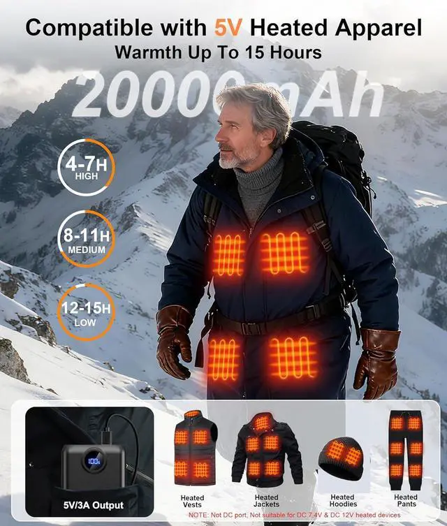 Alt view image 2 of 6 - Heated Vest Battery Pack Compatible with Soleilwear TIDEWE, Portable Power Bank for Heated Vests Hoodies, Phones, Camping Chair with Digital Screen (NOT for DC 7.4V/12V)