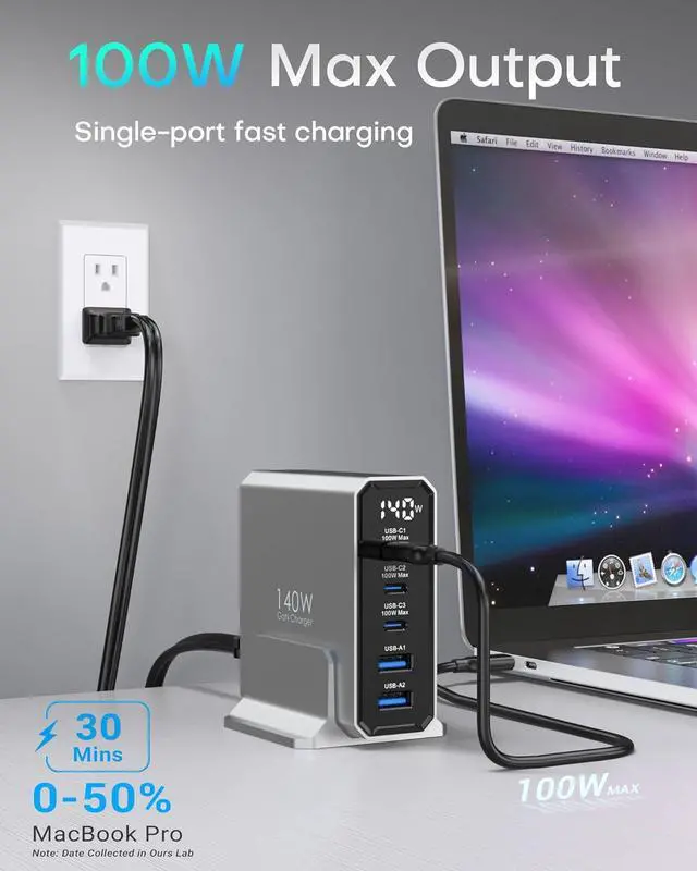 Alt view image 2 of 7 - 140W USB C Charging Station with Display, 5-Port GaN USB C Charger Block, Max 100W USB Hub Laptop Charger Compatible with MacBook Pro/Air, for iPhone 15/14/13/Mini/Pro/Pro Max/Samsung Galaxy, Silver