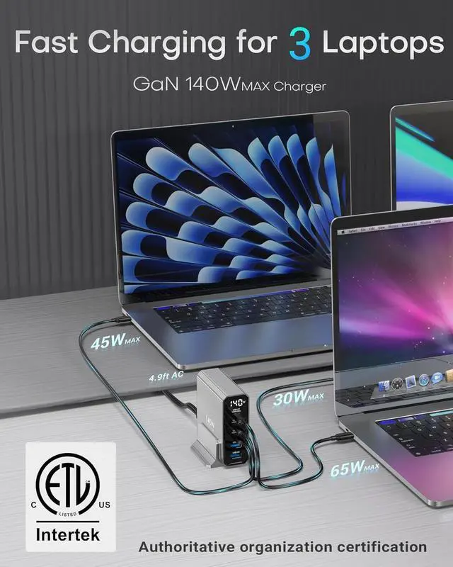 Alt view image 3 of 7 - 140W USB C Charging Station with Display, 5-Port GaN USB C Charger Block, Max 100W USB Hub Laptop Charger Compatible with MacBook Pro/Air, for iPhone 15/14/13/Mini/Pro/Pro Max/Samsung Galaxy, Silver