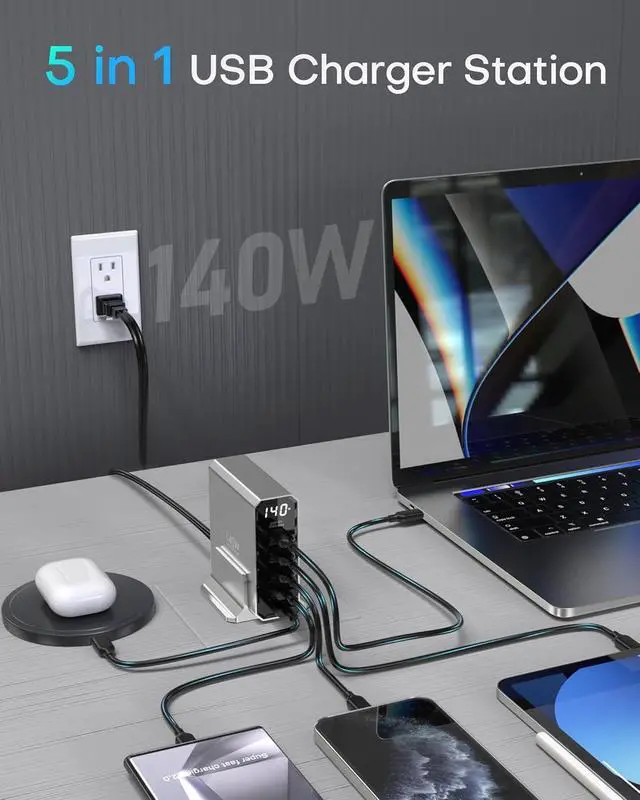 Alt view image 4 of 7 - 140W USB C Charging Station with Display, 5-Port GaN USB C Charger Block, Max 100W USB Hub Laptop Charger Compatible with MacBook Pro/Air, for iPhone 15/14/13/Mini/Pro/Pro Max/Samsung Galaxy, Silver