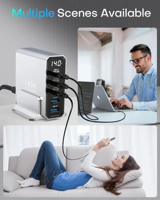Alt view image 6 of 7 - 140W USB C Charging Station with Display, 5-Port GaN USB C Charger Block, Max 100W USB Hub Laptop Charger Compatible with MacBook Pro/Air, for iPhone 15/14/13/Mini/Pro/Pro Max/Samsung Galaxy, Silver