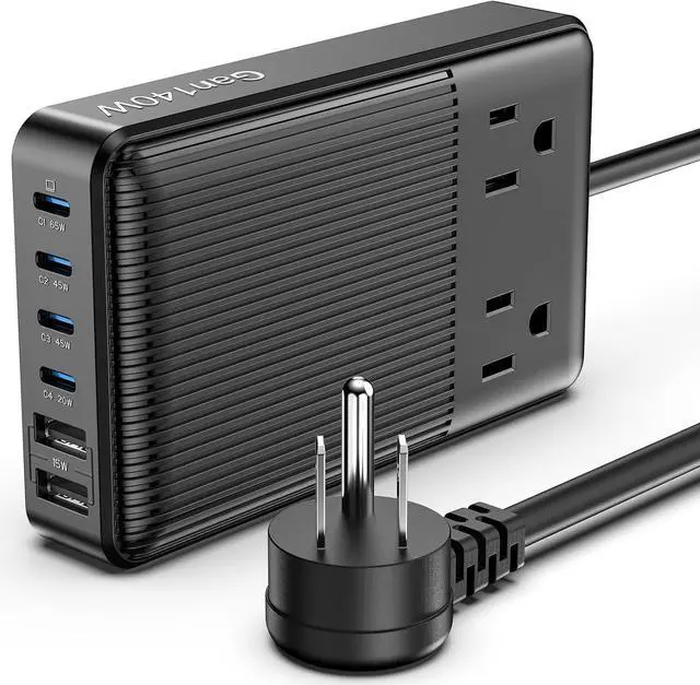 Main image of Charging Stations Flat Plug Power Strip 140W, 8-in-1 Power Strip, GaN Charger USB C Fast Charging Station with 2 AC, 4 USB C, 2 USB A, Ports, 6.5ft Extension Cord. for iPhone/MacBook/Laptop (Black)