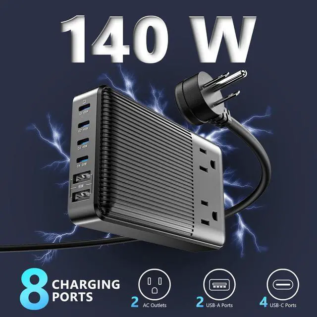 Alt view image 2 of 7 - Charging Stations Flat Plug Power Strip 140W, 8-in-1 Power Strip, GaN Charger USB C Fast Charging Station with 2 AC, 4 USB C, 2 USB A, Ports, 6.5ft Extension Cord. for iPhone/MacBook/Laptop (Black)