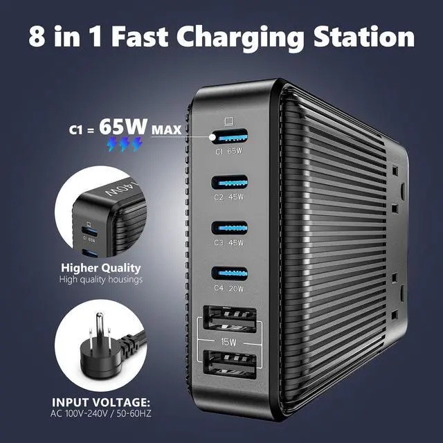 Alt view image 3 of 7 - Charging Stations Flat Plug Power Strip 140W, 8-in-1 Power Strip, GaN Charger USB C Fast Charging Station with 2 AC, 4 USB C, 2 USB A, Ports, 6.5ft Extension Cord. for iPhone/MacBook/Laptop (Black)