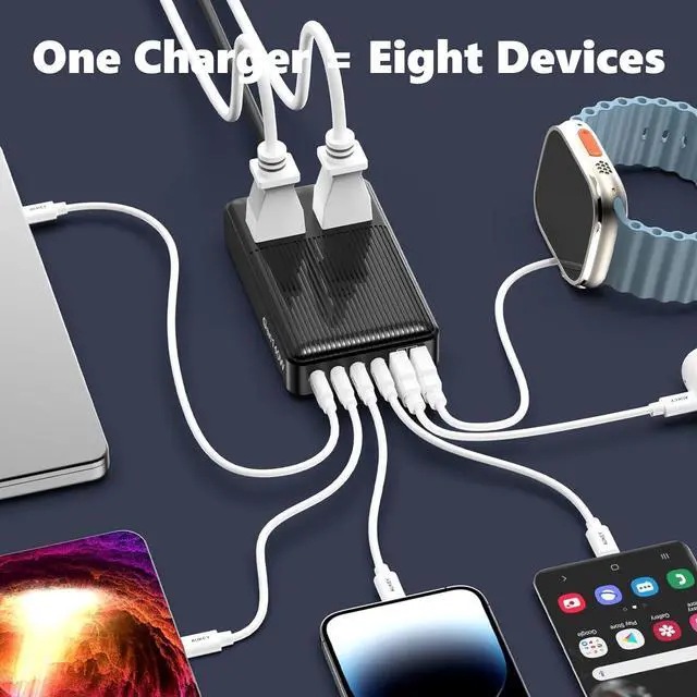 Alt view image 4 of 7 - Charging Stations Flat Plug Power Strip 140W, 8-in-1 Power Strip, GaN Charger USB C Fast Charging Station with 2 AC, 4 USB C, 2 USB A, Ports, 6.5ft Extension Cord. for iPhone/MacBook/Laptop (Black)