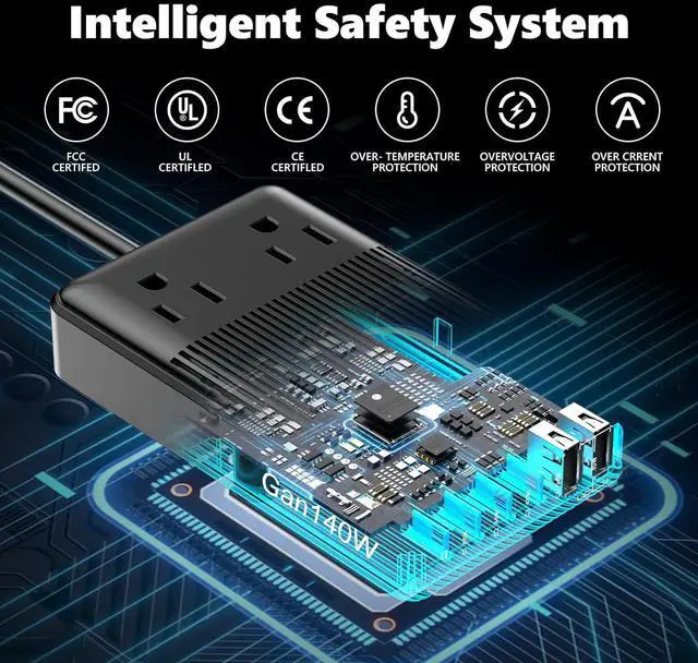 Alt view image 6 of 7 - Charging Stations Flat Plug Power Strip 140W, 8-in-1 Power Strip, GaN Charger USB C Fast Charging Station with 2 AC, 4 USB C, 2 USB A, Ports, 6.5ft Extension Cord. for iPhone/MacBook/Laptop (Black)