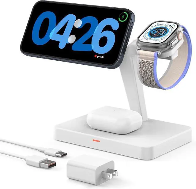 Main image of JoyGeek 3-in-1 Charger Stand for Magsafe: Magnetic Charging Station for iPhone 15/14/13/12 Pro Max/Plus/Mini - Wireless Mag-Safe Dock for Apple Watch Ultra 2/Series 9/8/7/6/5/4/3, Air Pods Pro 3rd/2nd