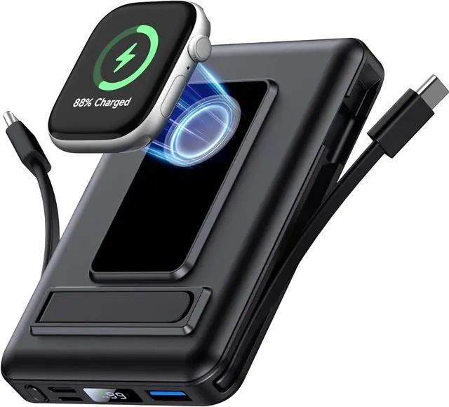 Main image of Magnetic Portable Charger, 10000mAh Wireless Power Bank for iPhone with Built-in Cables, 20W Fast Charging for Magsafe Battery Pack with Stand for iPhone Air/17/16/15/14/13/12 and Apple Watch