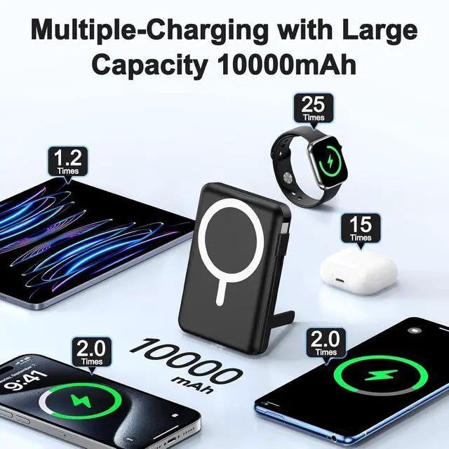 Alt view image 2 of 7 - Magnetic Portable Charger, 10000mAh Wireless Power Bank for iPhone with Built-in Cables, 20W Fast Charging for Magsafe Battery Pack with Stand for iPhone Air/17/16/15/14/13/12 and Apple Watch