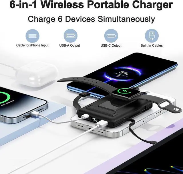 Alt view image 3 of 7 - Magnetic Portable Charger, 10000mAh Wireless Power Bank for iPhone with Built-in Cables, 20W Fast Charging for Magsafe Battery Pack with Stand for iPhone Air/17/16/15/14/13/12 and Apple Watch