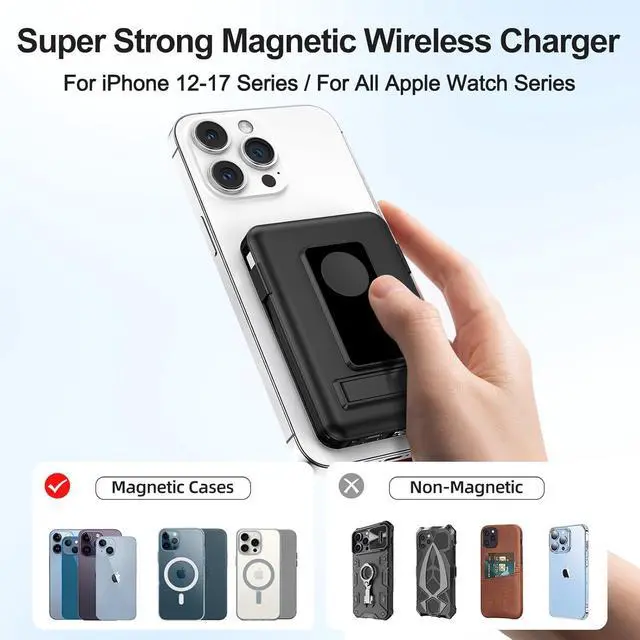 Alt view image 6 of 7 - Magnetic Portable Charger, 10000mAh Wireless Power Bank for iPhone with Built-in Cables, 20W Fast Charging for Magsafe Battery Pack with Stand for iPhone Air/17/16/15/14/13/12 and Apple Watch