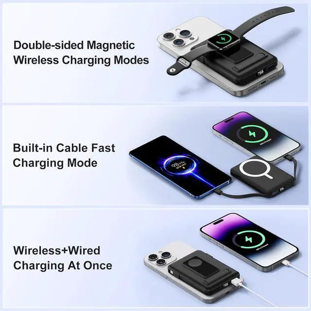 Alt view image 7 of 7 - Magnetic Portable Charger, 10000mAh Wireless Power Bank for iPhone with Built-in Cables, 20W Fast Charging for Magsafe Battery Pack with Stand for iPhone Air/17/16/15/14/13/12 and Apple Watch
