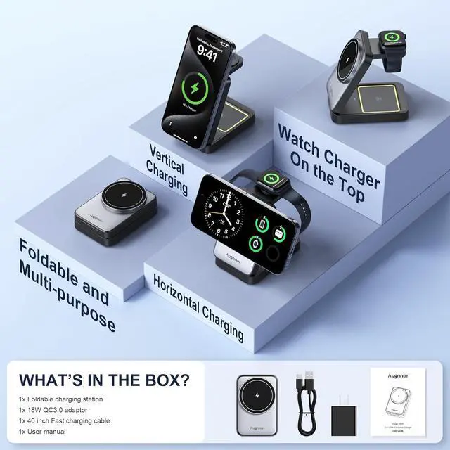Alt view image 2 of 6 - 3 in 1 Charging Station for Multiple Devices Apple Compatible with Magsafe Charger Stand, 15W Foldable Cube Wireless Charger for 17/16/15/14/13/12 Series, Apple Watch, Airpod