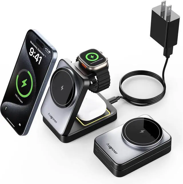 Alt view image 6 of 6 - 3 in 1 Charging Station for Multiple Devices Apple Compatible with Magsafe Charger Stand, 15W Foldable Cube Wireless Charger for 17/16/15/14/13/12 Series, Apple Watch, Airpod