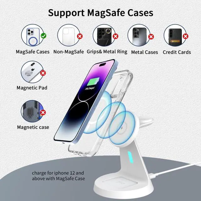 Alt view image 6 of 6 - 3 in 1 Charging Station Compatible with Magsafe Charger Wireless Charging Station for iPhone 17 16 15 14 13 12 Series Wireless Charger Stand for AirPods Wireless Charging Stand for iWatch Series