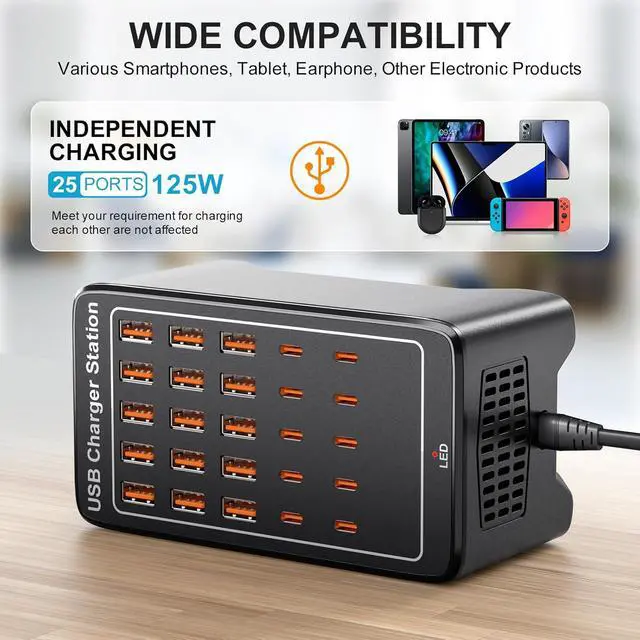 Alt view image 3 of 7 - USB~C Charger Block, 125W(25A) 25 Port (15 USB A & 10 USB~C Port) Home USB Charging Station for Multiple Devices, Portable Desktop USB Wall Charger Suitable for Office School Shop Hotel Travel