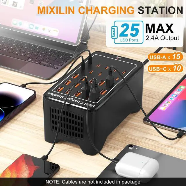Alt view image 2 of 7 - USB~C Charger Block, 125W(25A) 25 Port (15 USB A & 10 USB~C Port) Home USB Charging Station for Multiple Devices, Portable Desktop USB Wall Charger Suitable for Office School Shop Hotel Travel