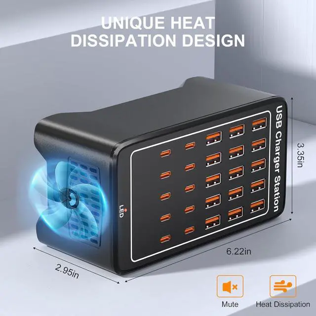 Alt view image 7 of 7 - USB~C Charger Block, 125W(25A) 25 Port (15 USB A & 10 USB~C Port) Home USB Charging Station for Multiple Devices, Portable Desktop USB Wall Charger Suitable for Office School Shop Hotel Travel