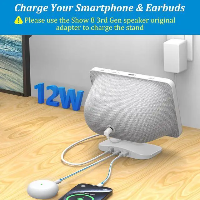 Alt view image 3 of 6 - PlusAcc Stand for Show 8 (3rd Gen) - Adjustable Tilt Table Holder with 2 Charging Ports (USB-C & USB-A), Magnetic Station Accessories for Charge Cellphones and Earbuds, Non-Slip Base (White)