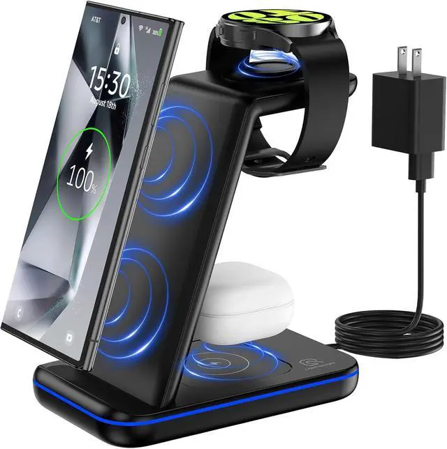 Main image of Wireless Charger 3 in 1, RELAXYO Fast Wireless Charging Station for Samsung, Compatible with Samsung Z Fold 4/Flip/S24/S23 Ultra/S22+/S21/S20/Note 20/10, for Galaxy Watch 6/5Pro/4/3/Airpods 3/Pro/2