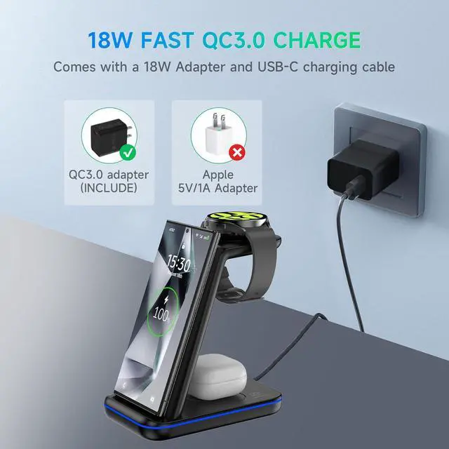 Alt view image 6 of 6 - Wireless Charger 3 in 1, RELAXYO Fast Wireless Charging Station for Samsung, Compatible with Samsung Z Fold 4/Flip/S24/S23 Ultra/S22+/S21/S20/Note 20/10, for Galaxy Watch 6/5Pro/4/3/Airpods 3/Pro/2