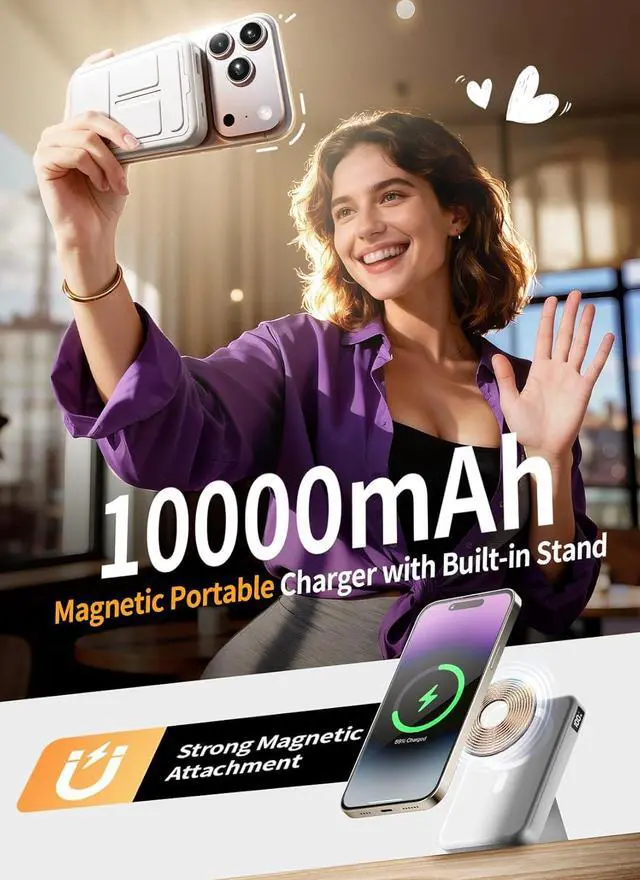 Alt view image 2 of 7 - Magnetic Portable Charger, 10000mAh Power Bank with Leather Foldable Stand - Travel Essentials, USB-C 20W Fast Charging for Magsafe Battery Pack, Compatible with iPhone 17/16/15/14/13 Series