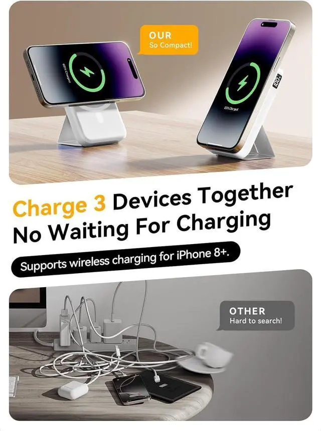 Alt view image 5 of 7 - Magnetic Portable Charger, 10000mAh Power Bank with Leather Foldable Stand - Travel Essentials, USB-C 20W Fast Charging for Magsafe Battery Pack, Compatible with iPhone 17/16/15/14/13 Series