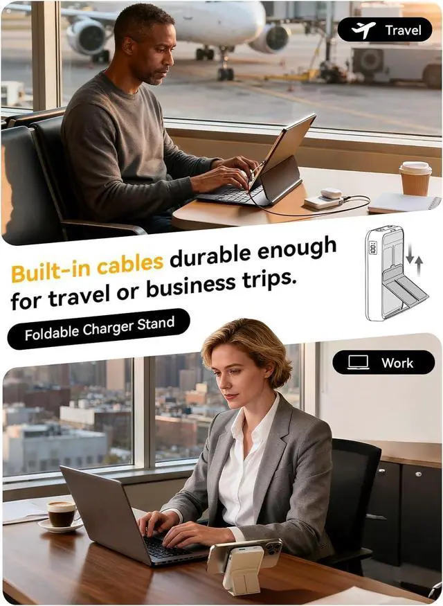 Alt view image 6 of 7 - Magnetic Portable Charger, 10000mAh Power Bank with Leather Foldable Stand - Travel Essentials, USB-C 20W Fast Charging for Magsafe Battery Pack, Compatible with iPhone 17/16/15/14/13 Series