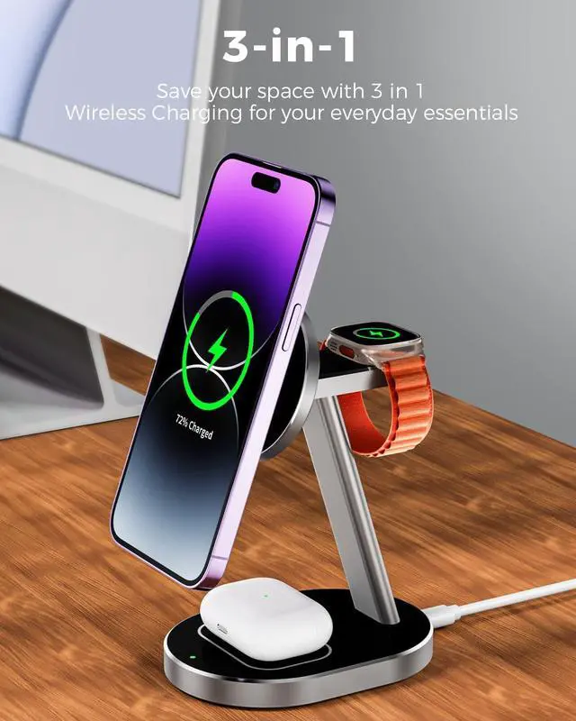 Alt view image 2 of 6 - Magnetic Mag-Safe Wireless Charger for iPhone 15 14 Plus 13 12 Pro Max Mini,Fast 3 in 1 Charging Station with Apple iwatch Ultra 2 9 8 7 6 5 4 3 SE Airpods Pro 2 Multiple Devices Aluminum Alloy Stand
