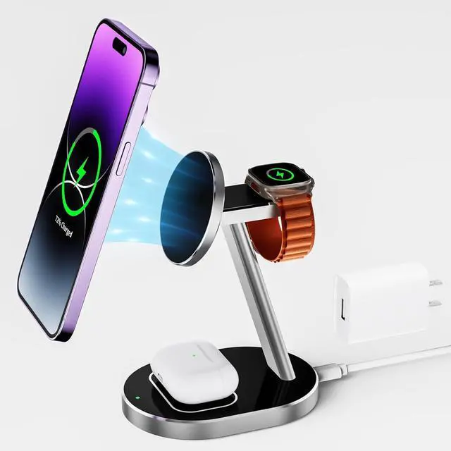 Main image of Magnetic Mag-Safe Wireless Charger for iPhone 15 14 Plus 13 12 Pro Max Mini,Fast 3 in 1 Charging Station with Apple iwatch Ultra 2 9 8 7 6 5 4 3 SE Airpods Pro 2 Multiple Devices Aluminum Alloy Stand