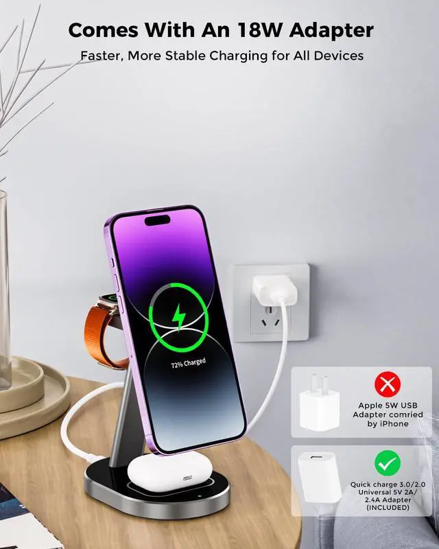 Alt view image 5 of 6 - Magnetic Mag-Safe Wireless Charger for iPhone 15 14 Plus 13 12 Pro Max Mini,Fast 3 in 1 Charging Station with Apple iwatch Ultra 2 9 8 7 6 5 4 3 SE Airpods Pro 2 Multiple Devices Aluminum Alloy Stand